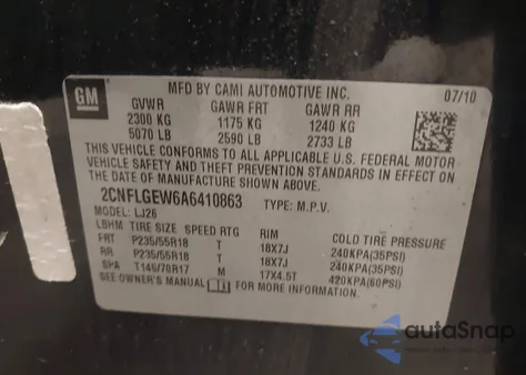 2010 Chevrolet Equinox Ltz from USA, damaged, VIN 2CNFLGEW6A6410863